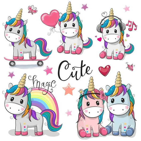 Set of Cute Cartoon Unicorns — Stock Vector