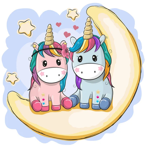 Dos lindos unicornios están sentados en la luna — Vector de stock