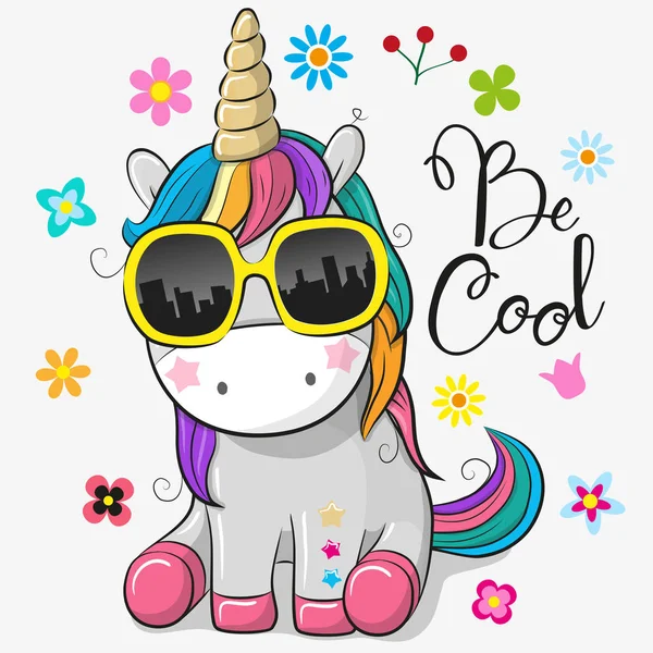 Cute unicorn with sun glasses — Stock Vector