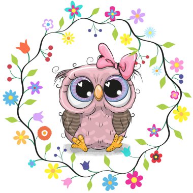 Çiçekli Çerçeve içinde şirin baykuş