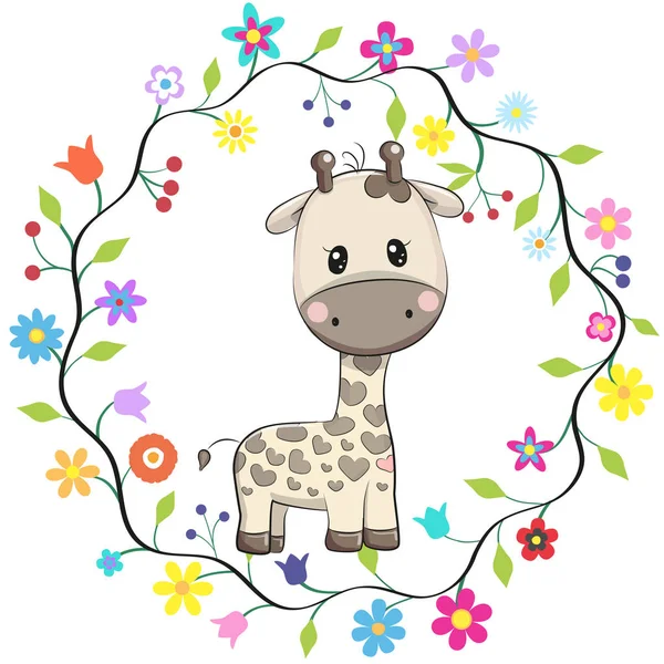 Aranyos zsiráf virágok keretben — Stock Vector