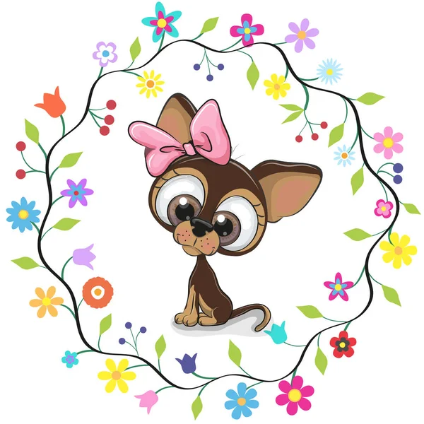 Lindo cachorro en un marco de flores — Vector de stock