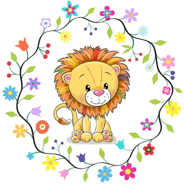 Cute Lion in a flowers frame — Stock Vector