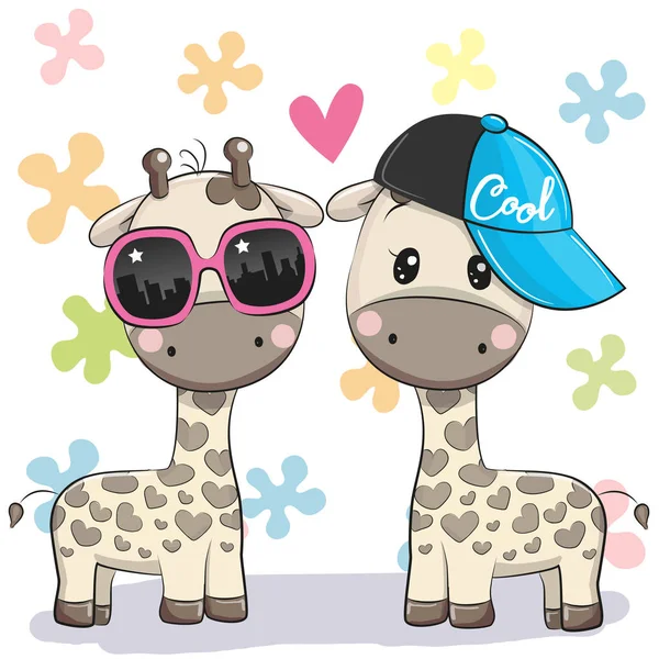 Дві милі жирафи в окулярах і кепці — стоковий вектор