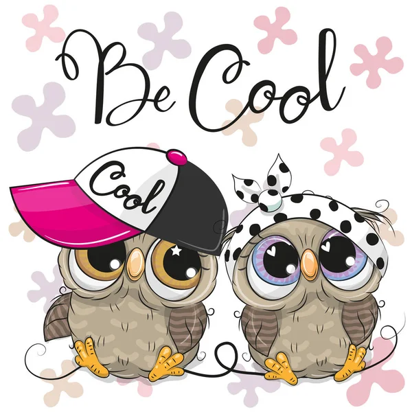 Two Cute Owls with a cap and bow — Stock Vector
