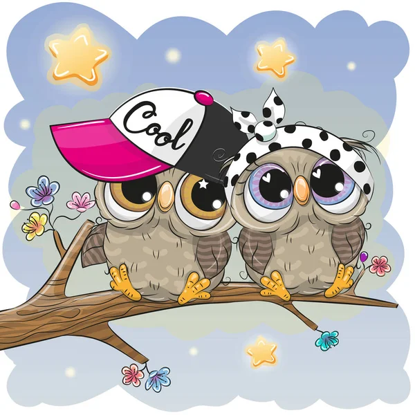 Cute Owls est assis sur une branche — Image vectorielle