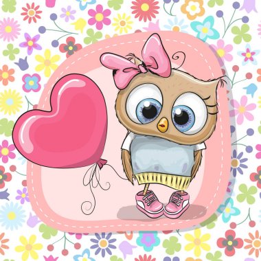 Sevimli çizgi film baykuş kız balonu ile