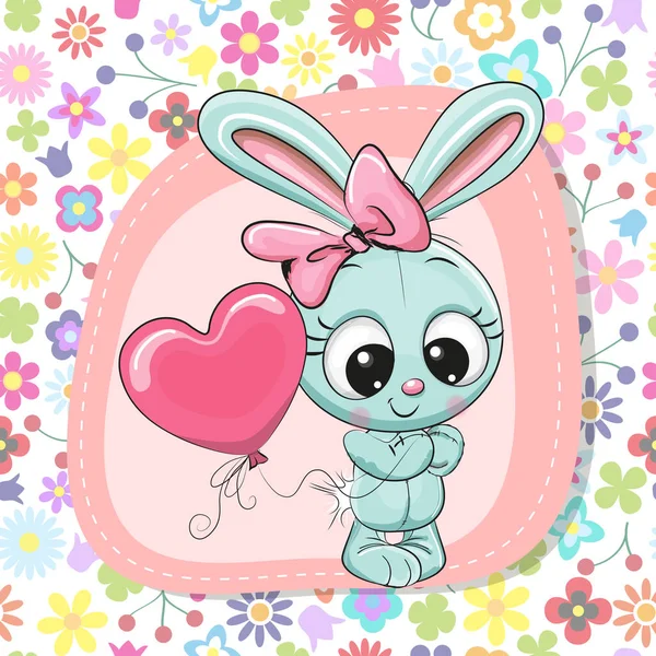 Menina bonito coelho dos desenhos animados com balão — Vetor de Stock