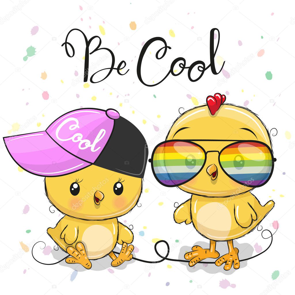 Cute Cartoon Chickens Boy and Girl in caps