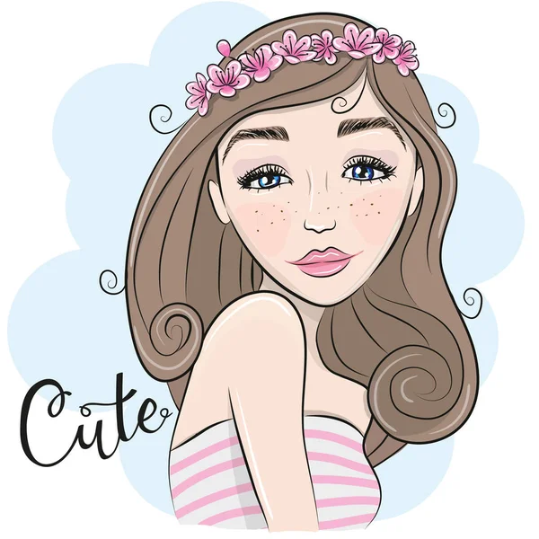 Portret van Cute Cartoon meisje met bloemen — Stockvector