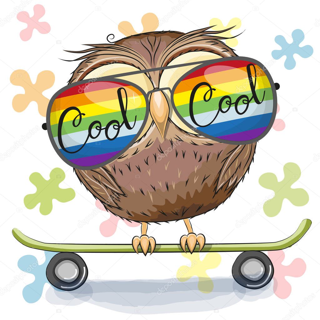 Cute Owl with sun glasses on a skateboard
