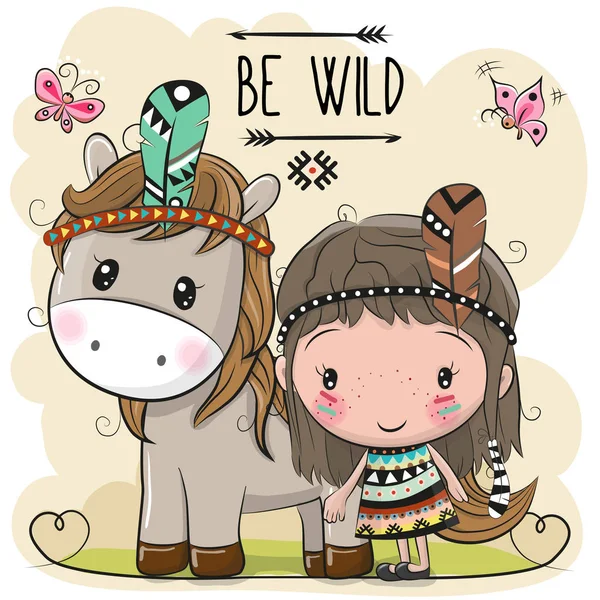 Mignon dessin animé tribal fille et cheval avec plume — Image vectorielle