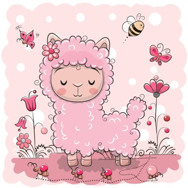 Çiçekler ve kelebekler ile şirin Lama