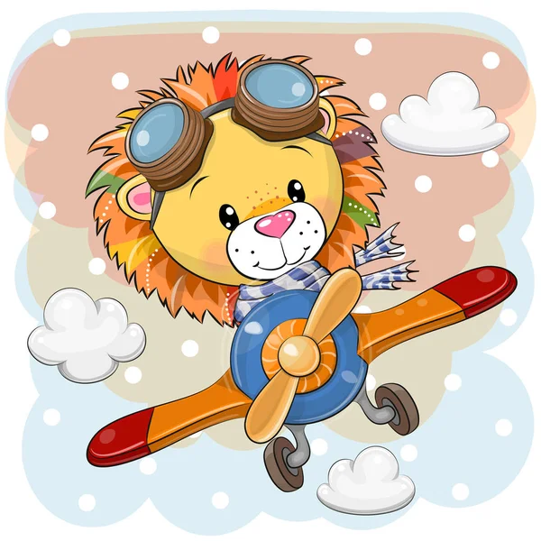 Cartoon Lion is flying on a plane — Stock Vector