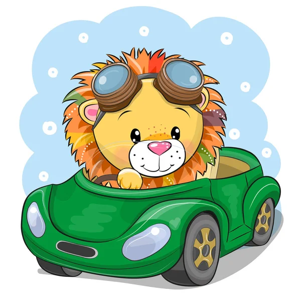 León de dibujos animados en gafas va en un coche verde — Vector de stock