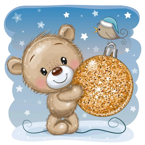 Ours en peluche avec un jouet de Noël sur fond bleu — Image vectorielle