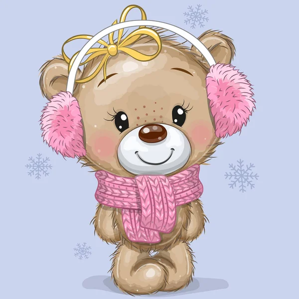 Cartoon Teddy Bear v pleteném šátku a kožešinových sluchátkách na bl — Stockový vektor