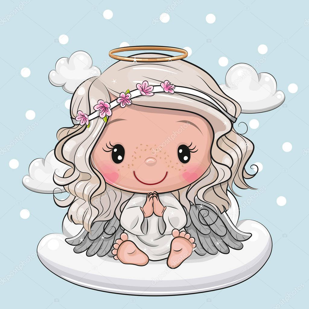 Cartoon Christmas angel is sitting on a cloud