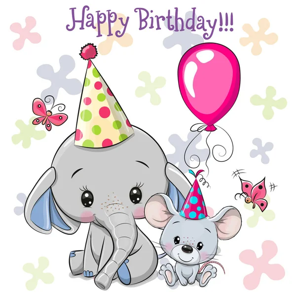 带气球和帽子的可爱大象和老鼠 — 图库矢量图片