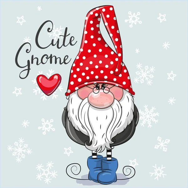 Kerst kaart Leuke Cartoon Gnome op een blauwe achtergrond — Stockvector