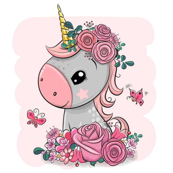 带粉色背景花朵的卡通独角兽 — 图库矢量图片