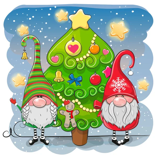 Cute cartoon gnomes and Christmas tree — Stock Vector