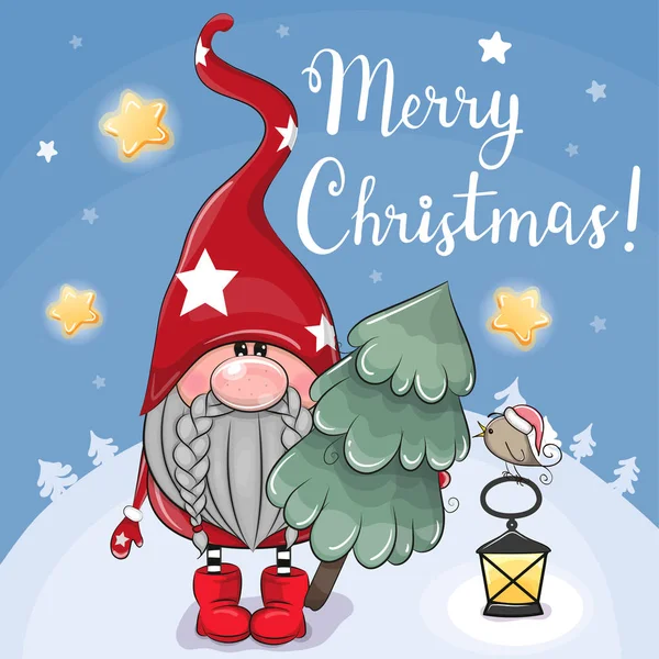 Χαριτωμένο Cartoon Gnome με χριστουγεννιάτικο δέντρο σε μπλε φόντο — Διανυσματικό Αρχείο