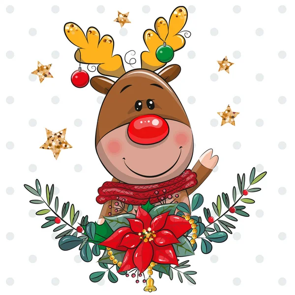 Cartoon Deer με στεφάνι Χριστουγέννων — Διανυσματικό Αρχείο