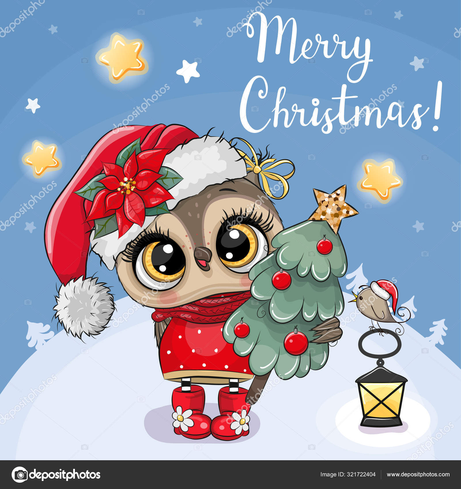 Christmas card Cute Cartoon Owl with Christmas tree on a blue ba Stock  Vector Image by ©Reginast777 #321722404