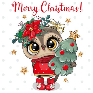 Cute Cartoon Owl with Christmas tree on a white background clipart