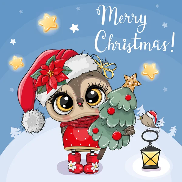 Vánoční přání Cute Cartoon Owl with Christmas tree on a blue ba — Stockový vektor