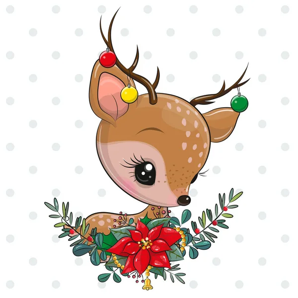 Cerf dessin animé mignon avec couronne de Noël — Image vectorielle