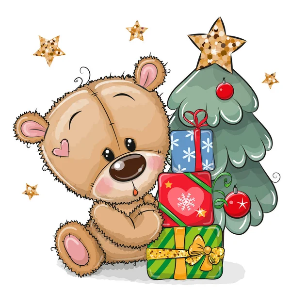 Cartoon Teddy Bear with gifts near the Christmas tree — Stock Vector
