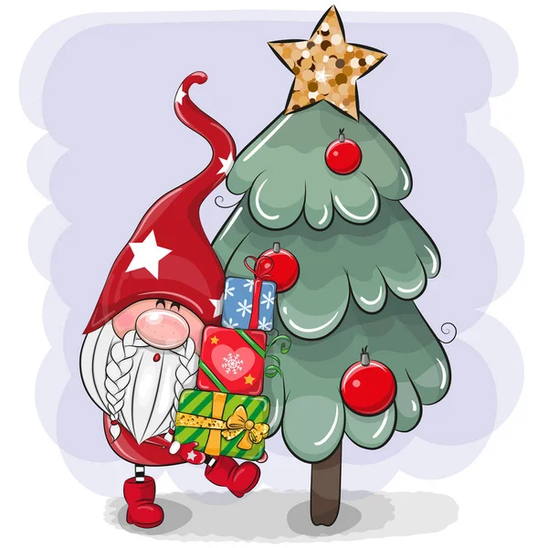 Cartoon Gnome with gifts near the Christmas tree — Stock Vector