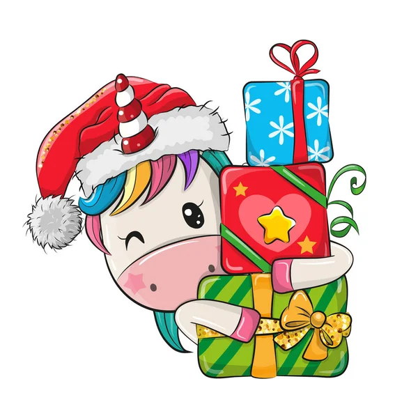Unicornio de dibujos animados con regalos en un sombrero de Santa — Vector de stock