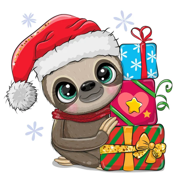 Dessin animé Sloth avec des cadeaux dans un chapeau de Père Noël — Image vectorielle