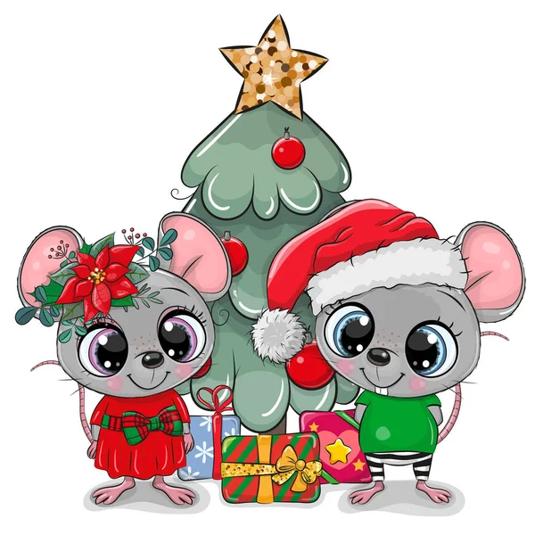 Ratos desenhos animados bonitos perto da Árvore Cristmas —  Vetores de Stock