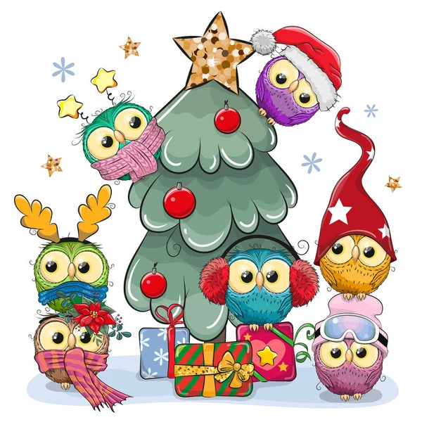 Καρτούν κουκουβάγιες κοντά στο χριστουγεννιάτικο δέντρο — Διανυσματικό Αρχείο