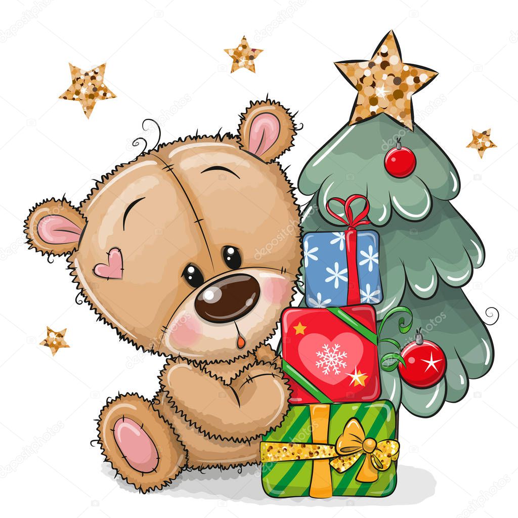Cartoon Teddy Bear with gifts near the Christmas tree