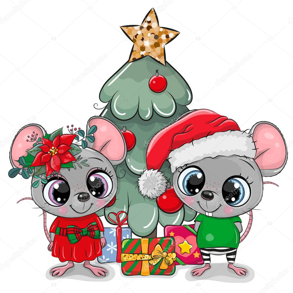 Cute cartoon mouses near the Cristmas Tree