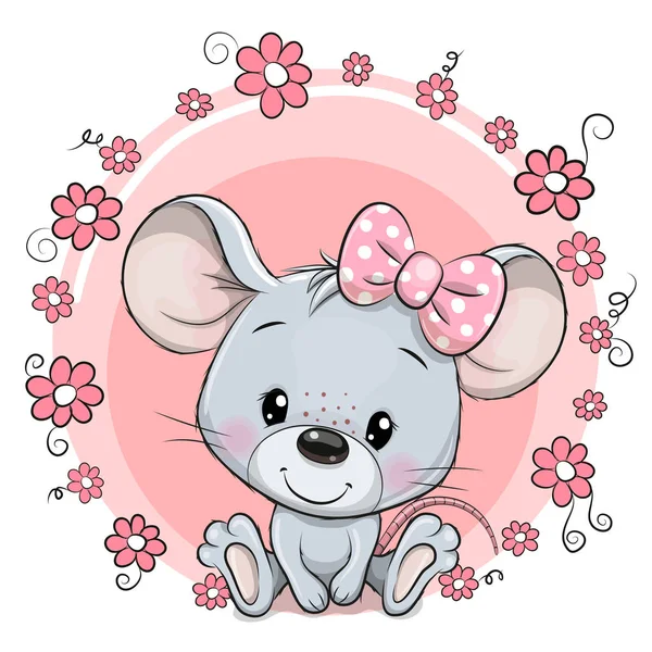 Cute Cartoon Mouse with pink flowers — Stock Vector