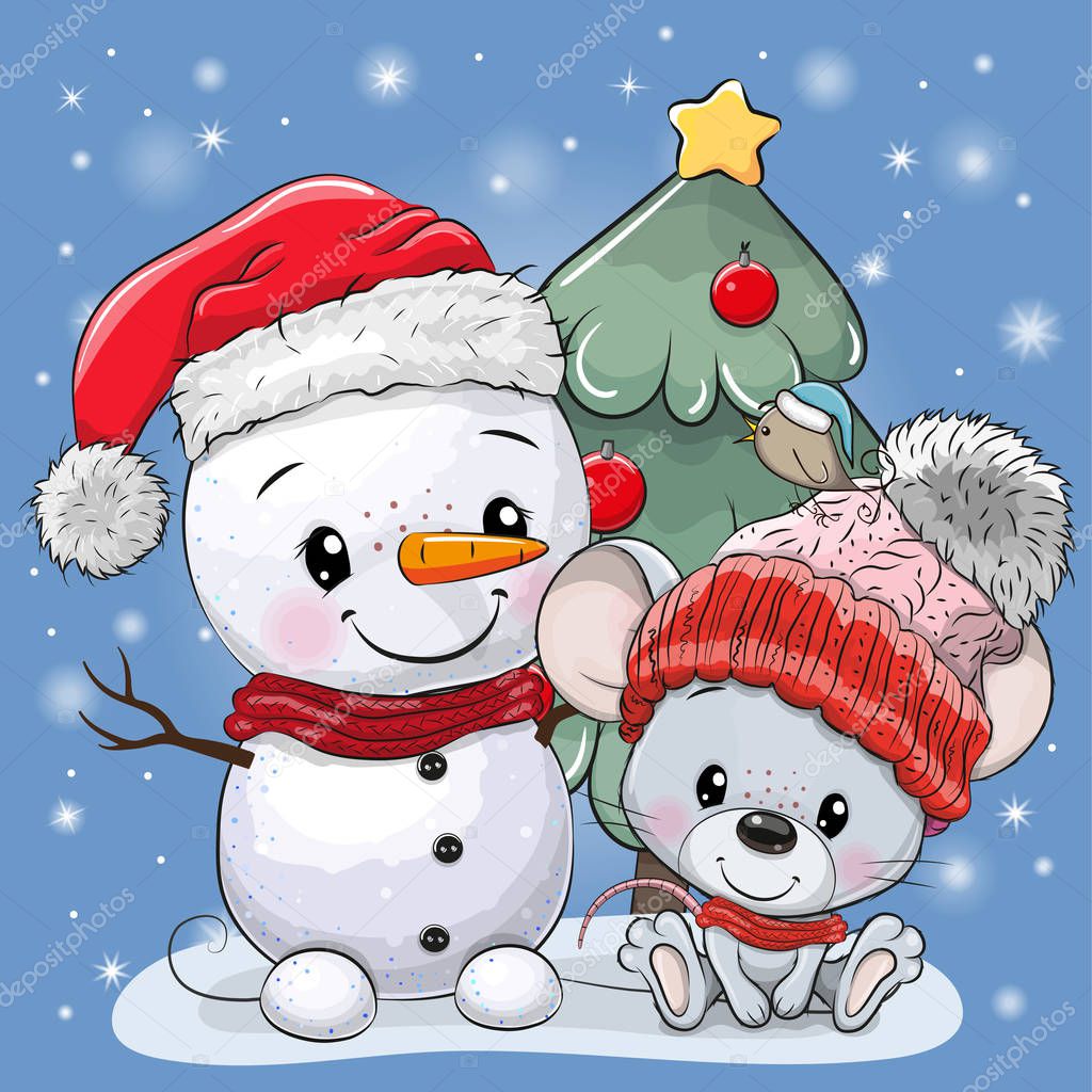 Cartoon mouse and snowman near the Christmas tree