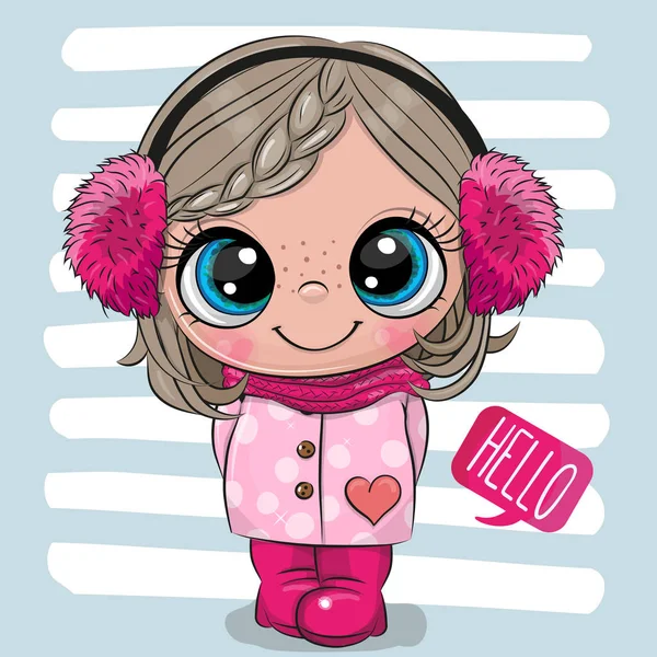 Cartoon girl in a coat and fur headphones — Stock Vector