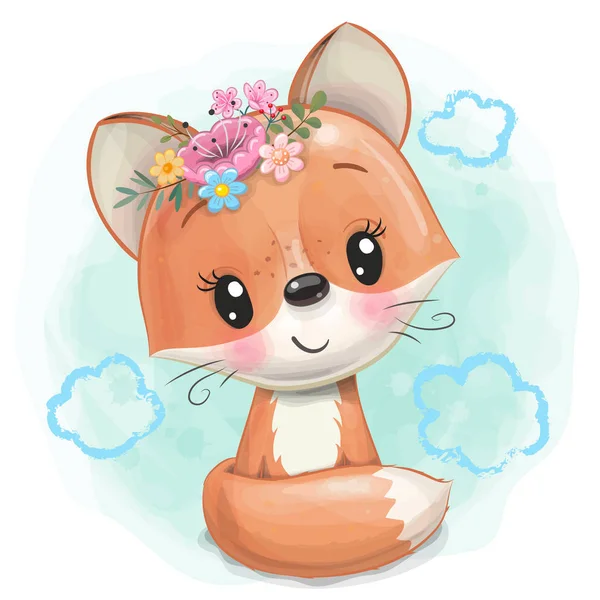 Cartoon Fox with flowers on a blue background — Stock Vector