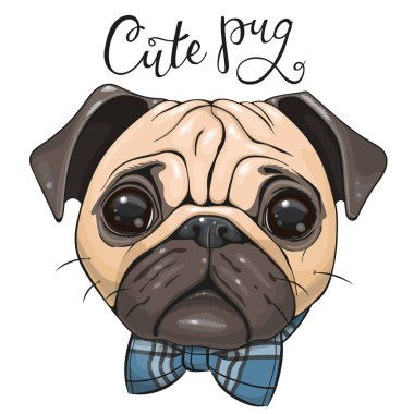 Beyaz arka planda izole edilmiş papyonlu Pug Dog çizgi filmi.