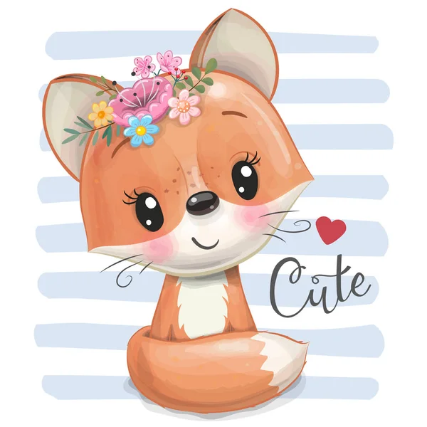 Caricature Fox avec des fleurs sur un fond rayé — Image vectorielle