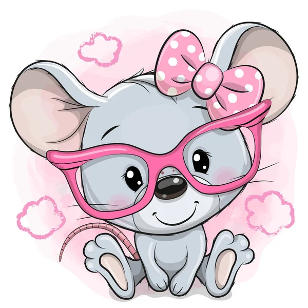 Cartoon Mouse con occhiali rosa su sfondo rosa — Vettoriale Stock