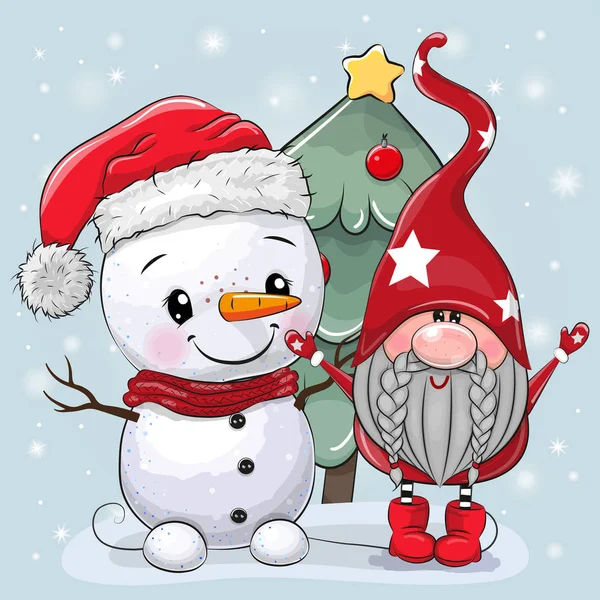 Cartoon Gnome and snowman near the Christmas tree — Stock Vector