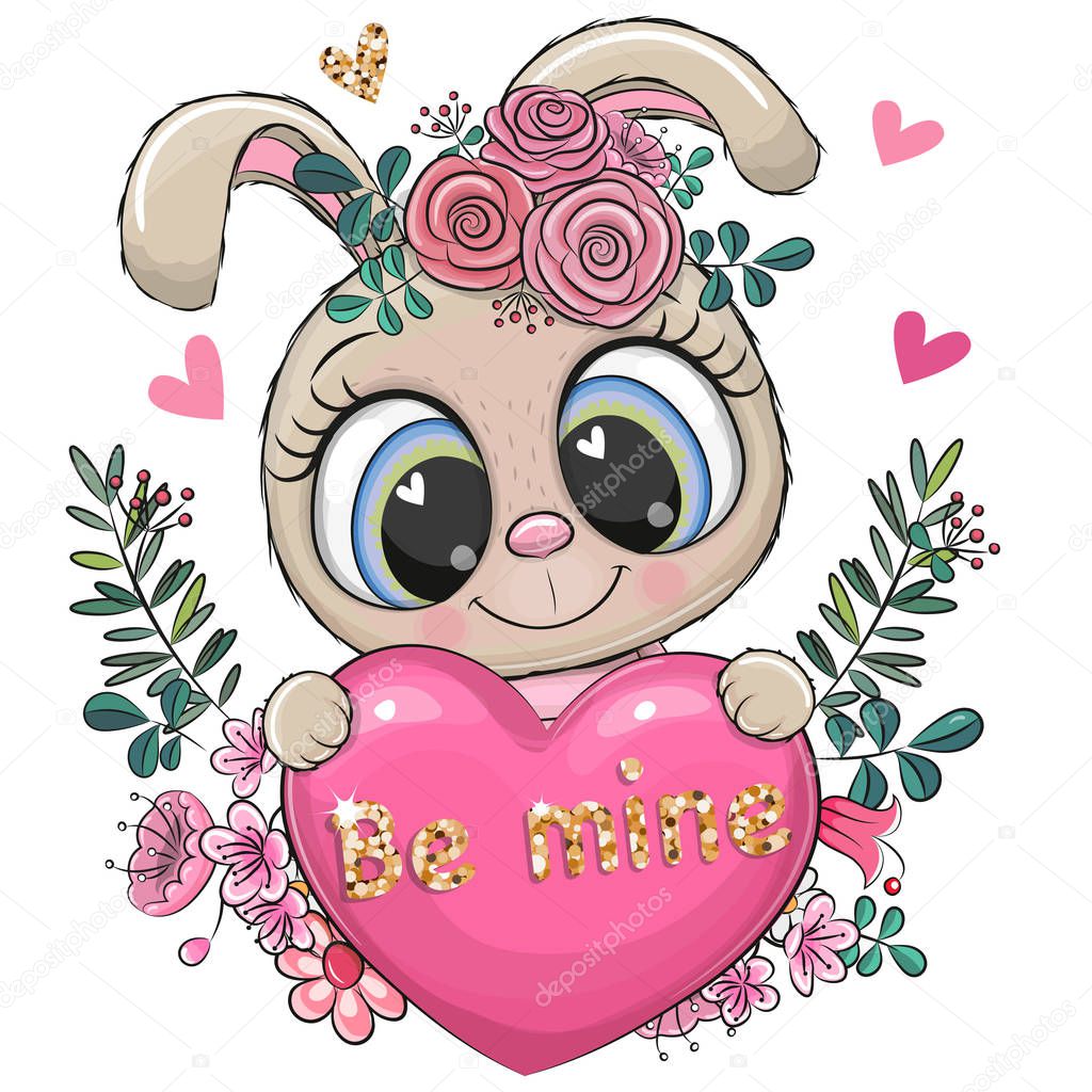 Cartoon Rabbit girl with heart and flowers on a white background