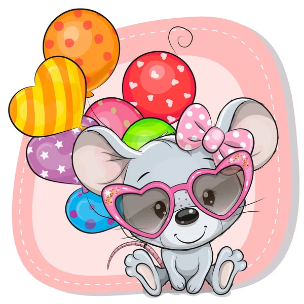 Roztomilá kreslená myš s balónky — Stockový vektor